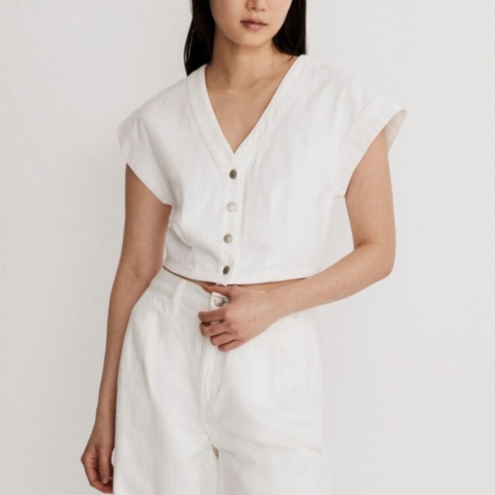 Madewell Cap-sleeve Crop Top Jacket In Tile White